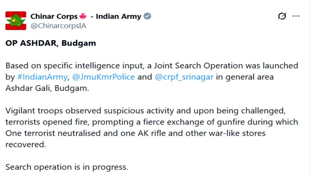 Budgam Encounter: Security Forces Neutralise One Terrorist, Recover AK Rifle; Search Operation Continues