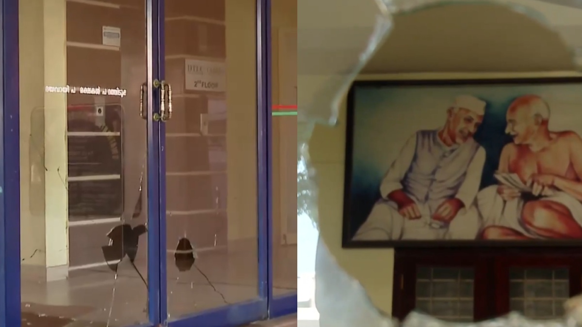 Thiruvananthapuram DCC Office Attack: Stones Pelted at Congress Office, Leaders Visit Site | Photo Credit: https://x.com/ANI/