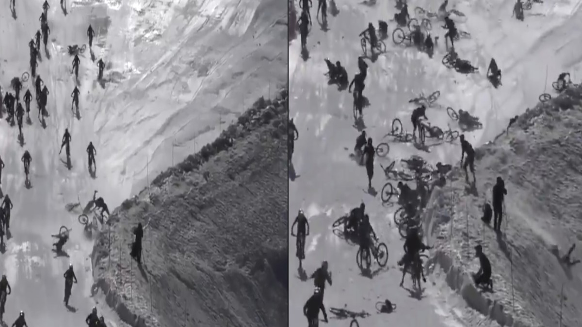 Mountain of Hell Downhill Bike Race Turns Chaotic as Hundreds of Riders Crash on Icy Slope
