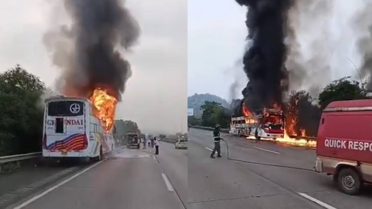 Mumbai-Pune Expressway Bus Fire: 14 Passengers Safe as Firefighters Control Blaze in Khalapur