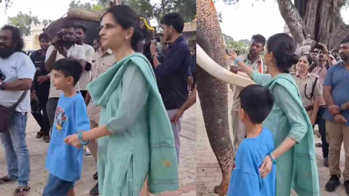 Mysuru’s Royal Grandeur: Maharani Trishika Kumari Wadiyar Witnesses Dasara Elephants With Young Princes