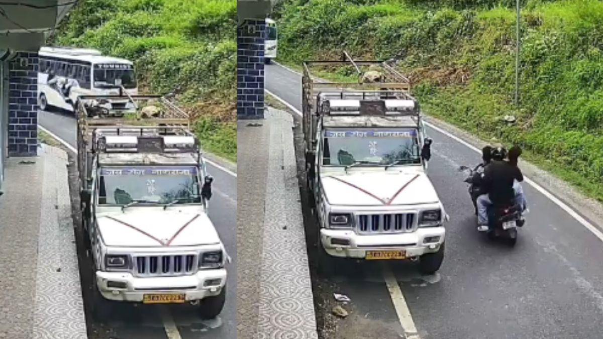 Tehri Garhwal Road Accident: Scooter Carrying Three Youths Collides With Bus in Lambgaon, CCTV Captures Crash