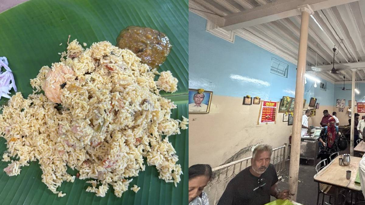 Authentic short-grain Ambur chicken biryani served at a traditional restaurant in Vellore, Tamil Nadu.
