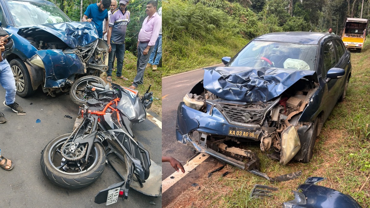 ಕೊಡಗಿನಲ್ಲಿ ತಪ್ಪಿದ ಭಾರಿ ಅನಾಹುತ - ಕಾರು-ಬೈಕ್ ಡಿಕ್ಕಿ, ಅದೃಷ್ಟವಶಾತ್ ಸವಾರ ಸೇಫ್!!