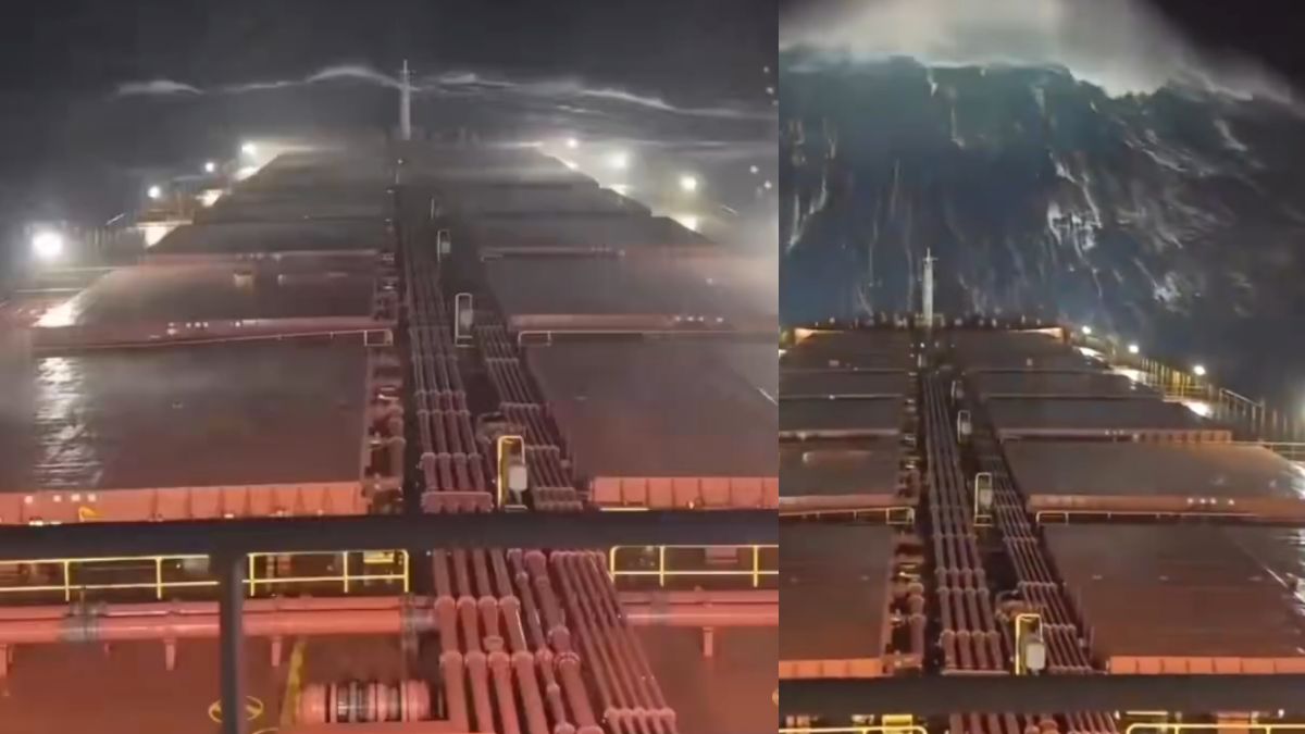 Massive Ocean Wave Engulfs Cargo Ship Bow In Dramatic Mid-Sea Moment