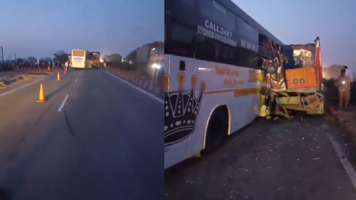 Damaged passenger bus after colliding with a truck in Chhattisgarh.