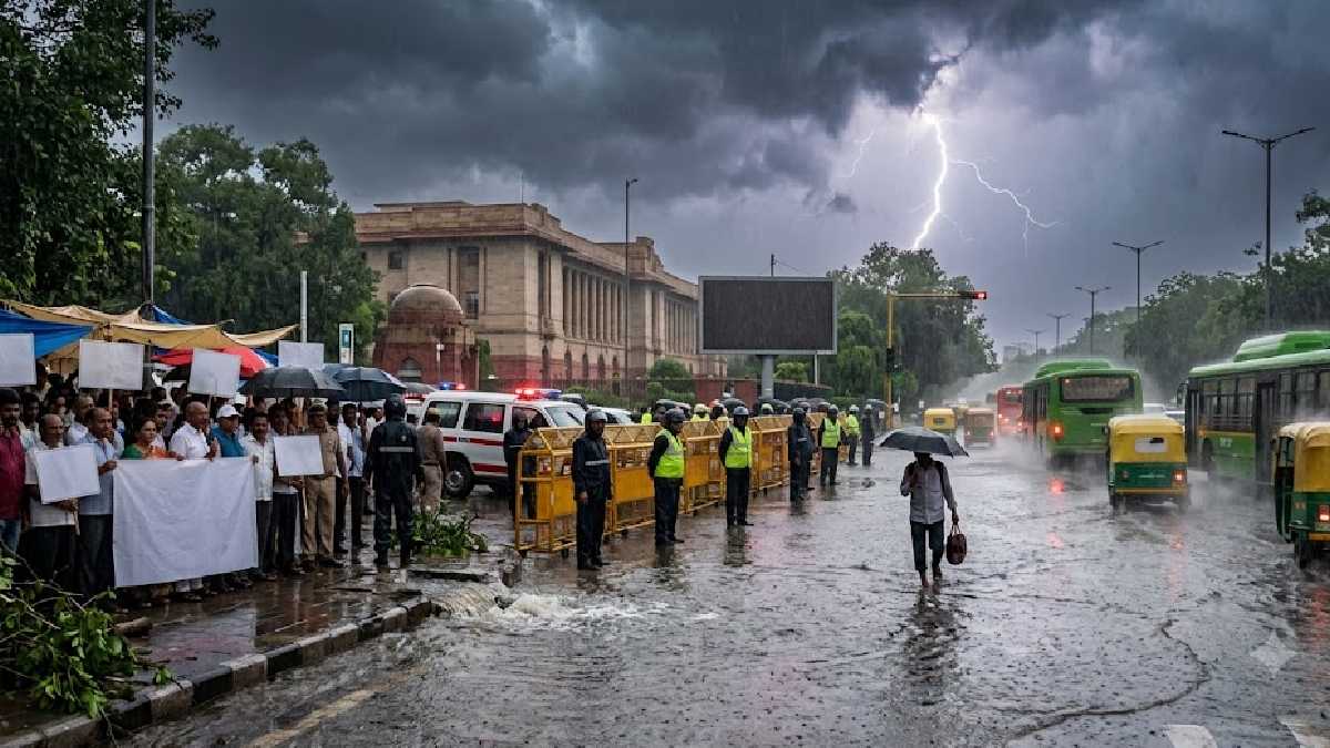 ದೆಹಲಿಯಲ್ಲಿ ಭಾರಿ ಮಳೆ, IMDಯಿಂದ ರೆಡ್ ಅಲರ್ಟ್; ಪ್ರತಿಭಟನೆ ನಡುವೆ ಹೆಚ್ಚಿದ ಆತಂಕ!!