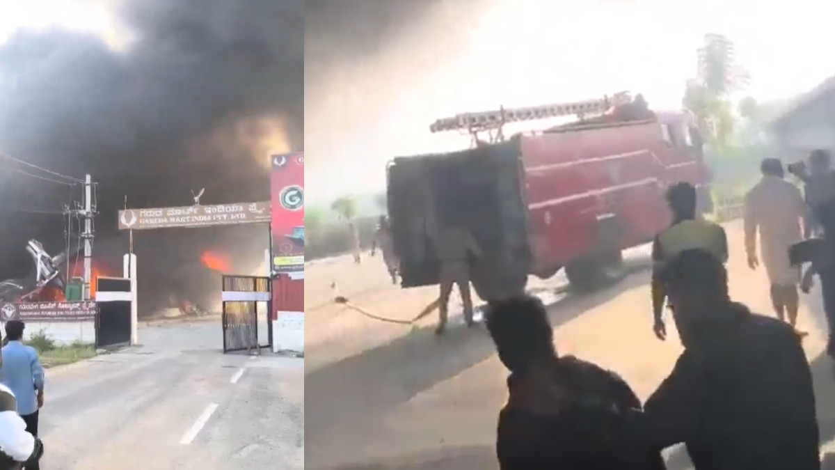 Massive Fire at Garuda Mart India Factory in Chintamani | Photo Credit: https://x.com/KannadaPrabha