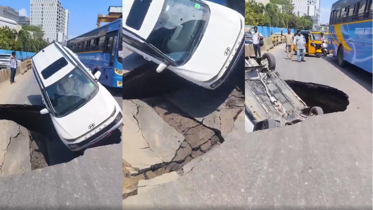 Chennai OMR Sinkhole: Hyundai SUV Falls Into 10-Foot Road Cave-In Near Tidel Park