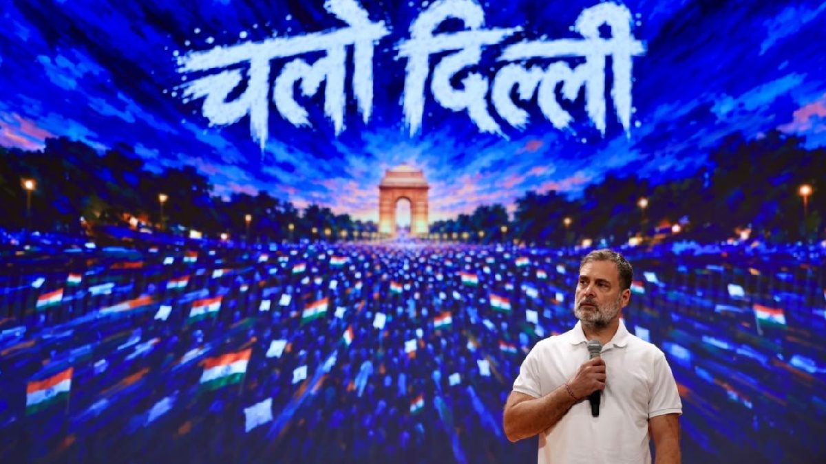Rahul Gandhi speaks ahead of the INDIA bloc march in Delhi.