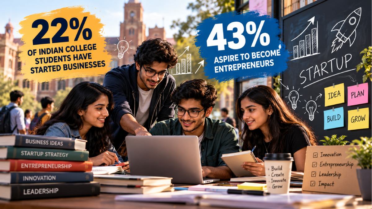 Indian college students exploring business ideas and entrepreneurship, reflecting findings from the IIT Mandi-led GUESSS India 2025 survey.