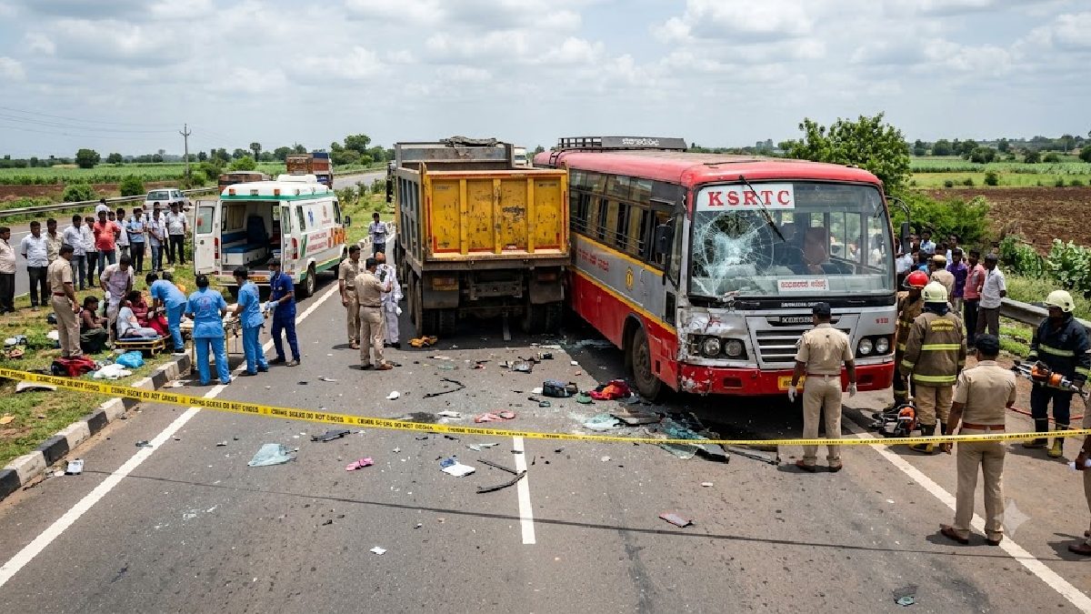 Belagavi: KSRTC Bus Driver Killed, 12 Passengers Injured After Bus Crashes Into Tipper on NH-48 Near Sankeshwar