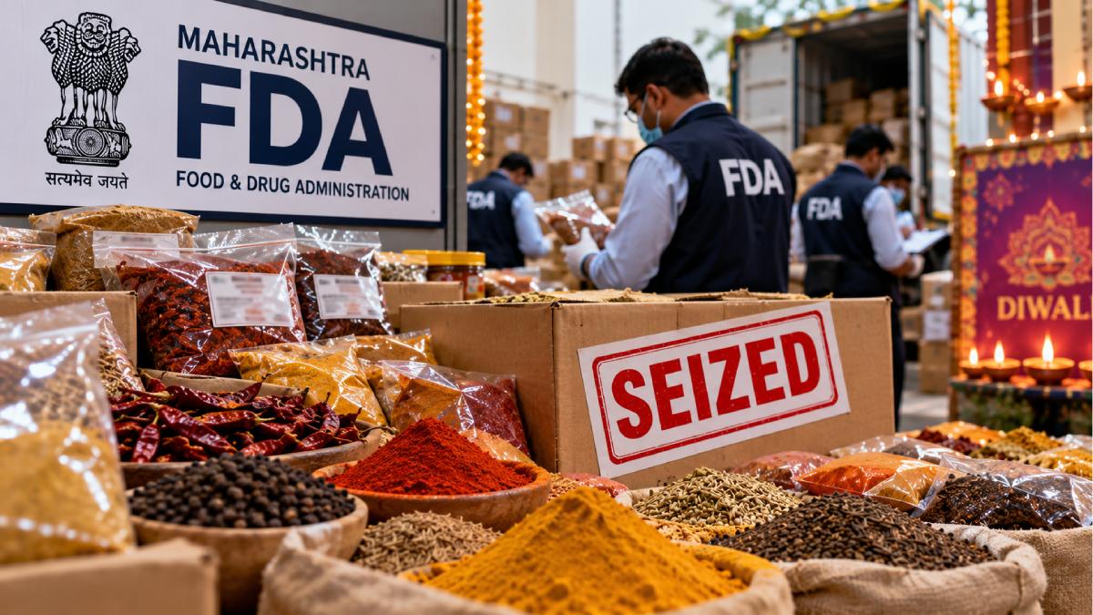 Maharashtra FDA officials inspect and seize spice products during a statewide food safety crackdown.
