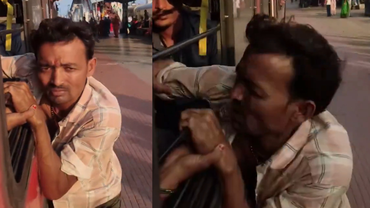 Thief Caught Hanging From Moving Train Window | Photo Credit: https://x.com/rameshofficial0