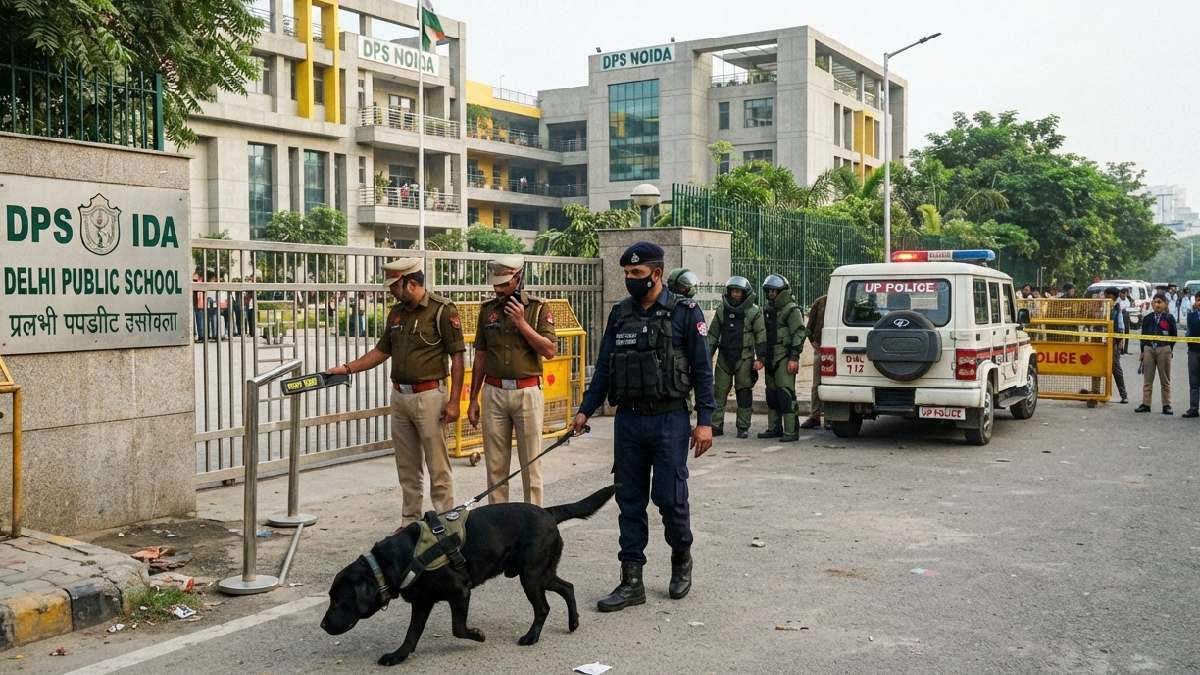 Security personnel conduct checks at a school in Noida. | Photo Credit: AI Image