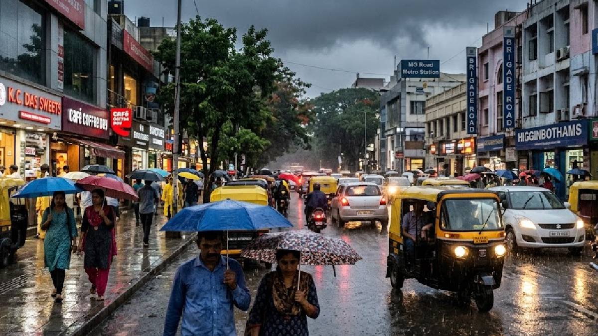 ಬೆಂಗಳೂರಿನಲ್ಲಿ ಮಳೆ ಸುರಿಯುತ್ತಿರುವ ದೃಶ್ಯ | Photo Credit: AI