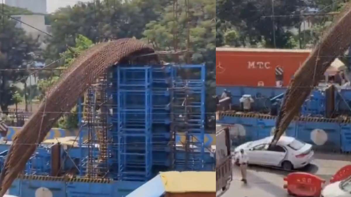 Iron reinforcement structure collapses onto car in Thane