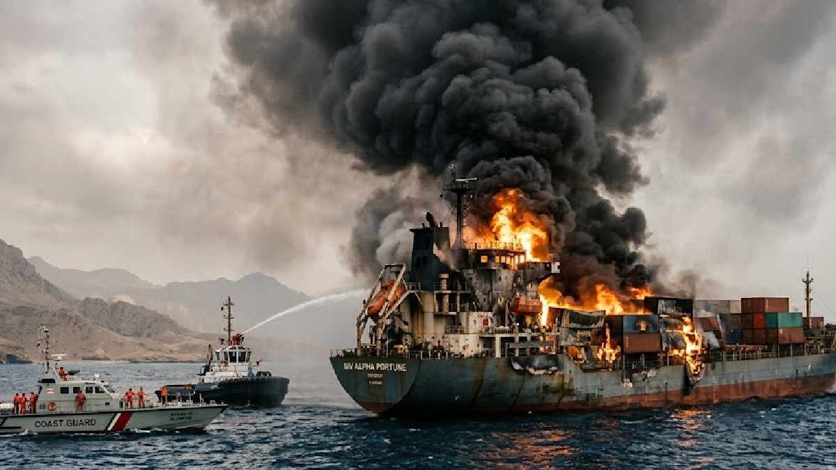 Ship ablaze near Oman coast in Strait of Hormuz