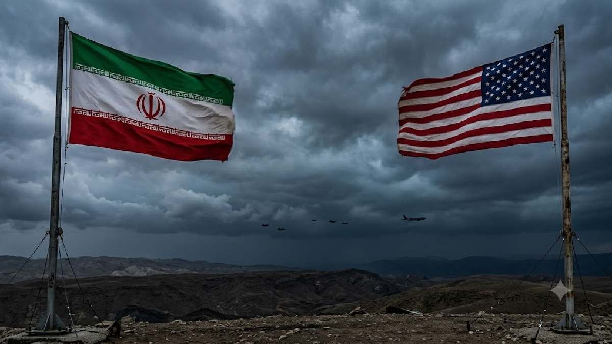 Iran and US flags amid rising military tensions