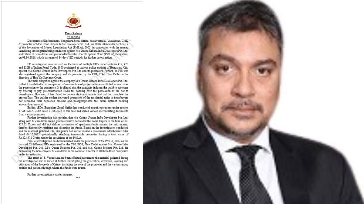 ED Arrests Ozone Urbana Promoter S. Vasudevan in ₹927 Crore Homebuyers Fraud Case